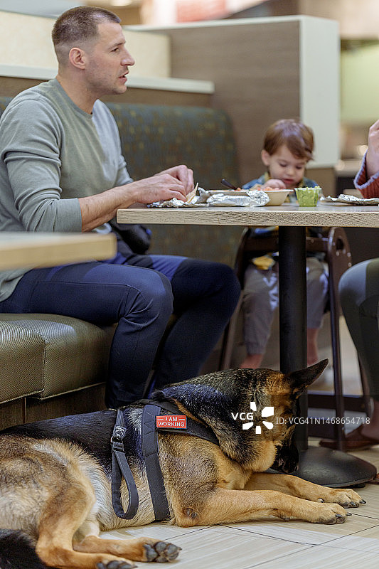 餐厅里的服务犬和它的家人图片素材