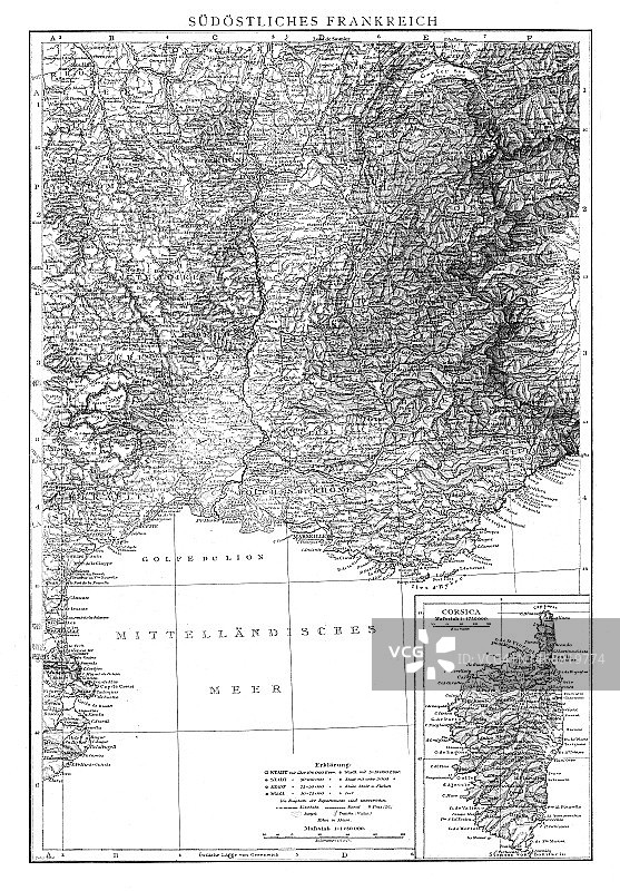 法国东南部古老的彩色石印地图图片素材