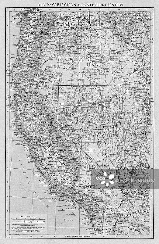 美国西部古老彩色石印地图图片素材