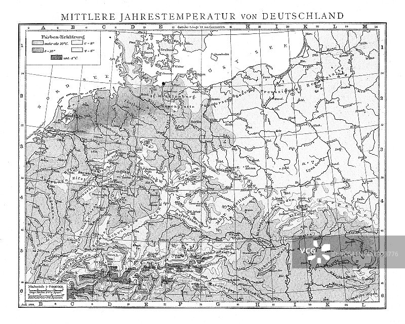 德国年平均气温地图古老彩色石印插图图片素材