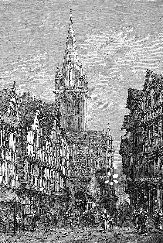 1868年的圣皮埃尔教堂，位于卡昂，诺曼底，法国图片素材