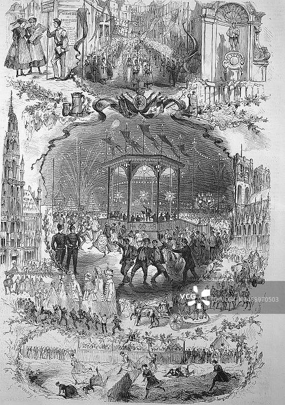 1868年布鲁塞尔盛大年度民俗节日（比利时，历史照片，19世纪原版数字修复 reproduction）图片素材