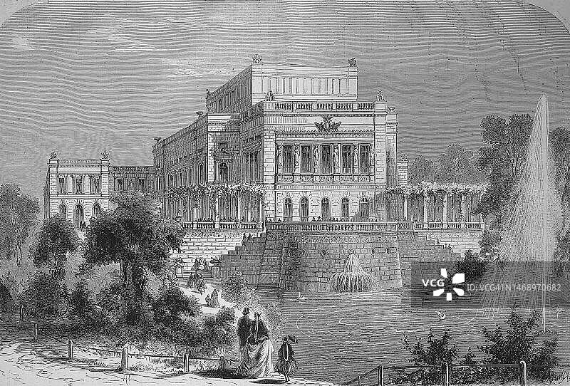 1869年德国莱比锡新剧院（历史数字化修复19世纪原貌）图片素材