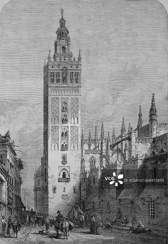 吉拉尔达塔，塞维利亚大教堂的钟楼，1869年，西班牙安达卢西亚，历史照片，19世纪原始照片的数字修复复制品图片素材