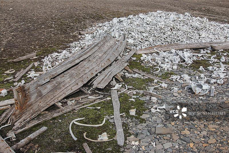 贝尔松德的巴姆塞布前捕鲸站，腐烂的木船和鲸鱼骨头，挪威斯匹次卑尔根图片素材