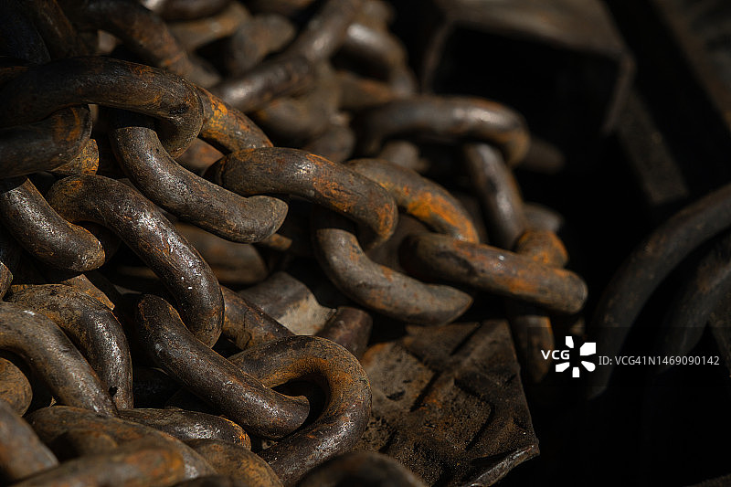 船上特写旧生锈铁链，受锈蚀的船锚链环，纹理抽象背景，衰败的工业状态图片素材