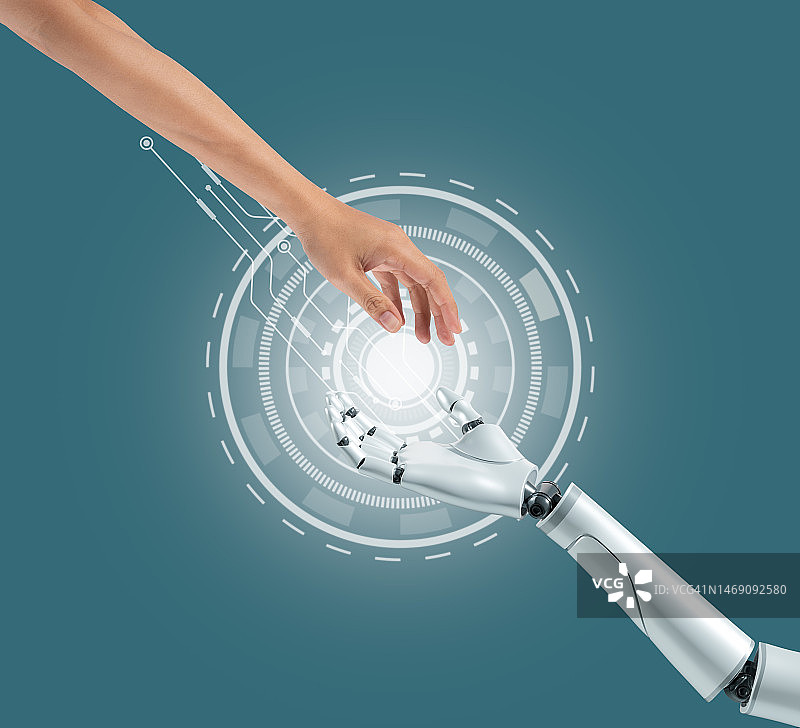 女人和机器人手协作友谊概念设计图片素材