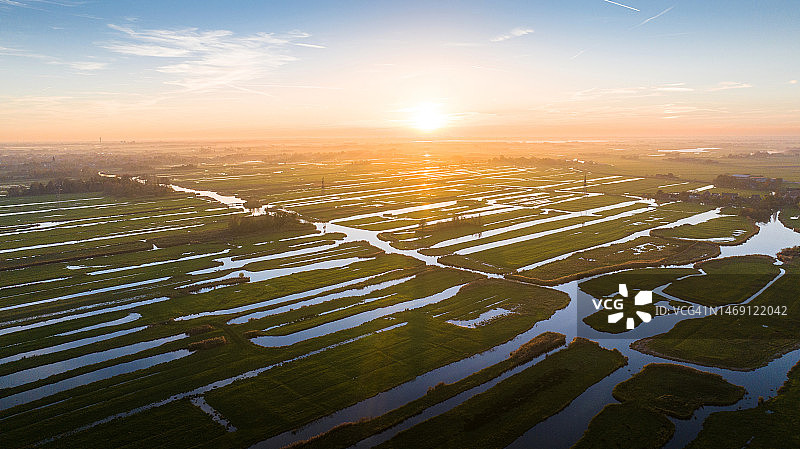 荷兰日落时分的泥炭草甸航拍照片图片素材