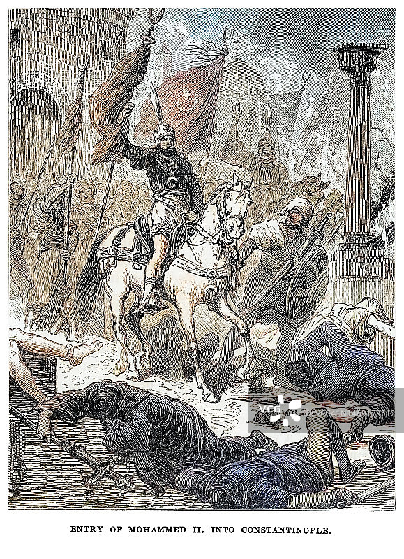奥斯曼帝国苏丹穆罕默德二世征服君士坦丁堡古版画插图图片素材