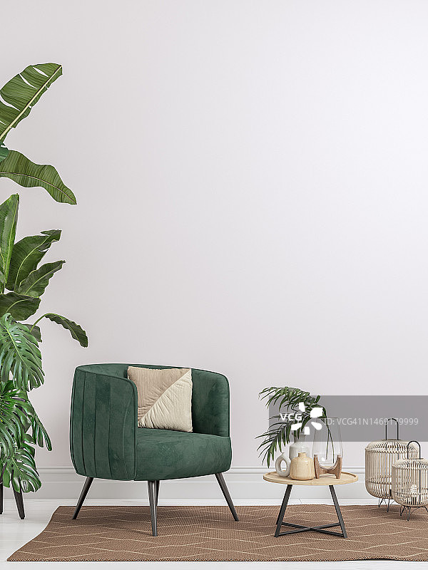 舒适的复古别致室内设计，配有装饰艺术扶手椅、橱柜和盆栽植物，50-60年代装饰图片素材