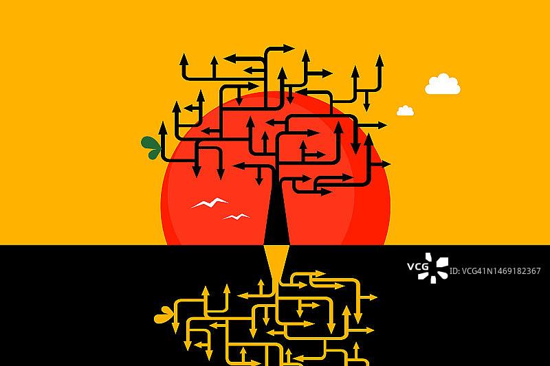 多种选择：日落时分的抽象决策树图片素材