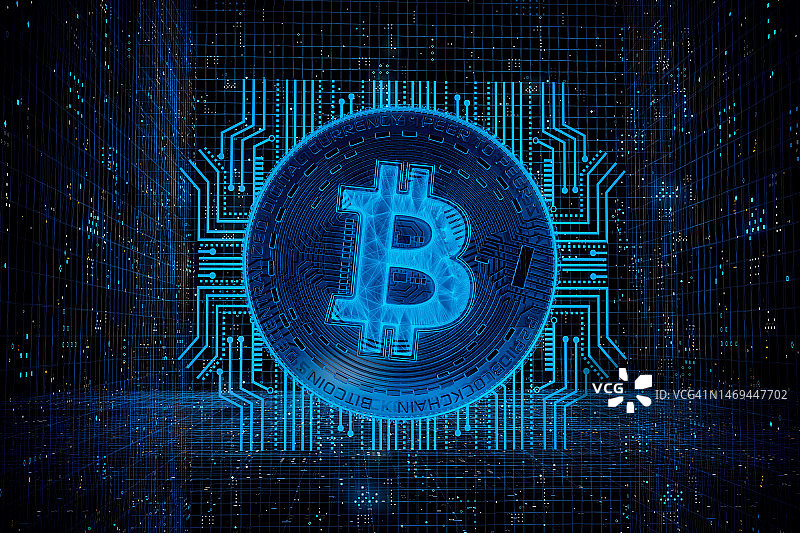 比特币特写：连接网络微芯片区块链CGI素材照片图片素材