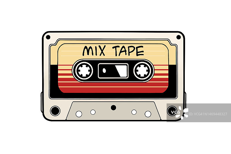 白色背景上带有手写混合磁带字样的盒式磁带的矢量插画图片素材