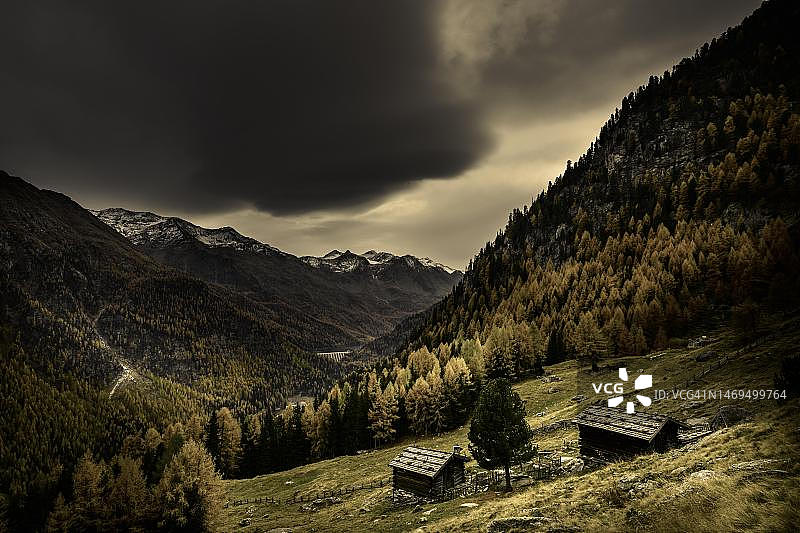 马特尔山谷秋季山间草甸小屋，梅拉诺，文施高，意大利南蒂罗尔图片素材