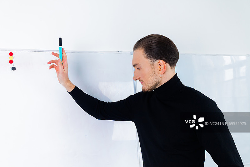 创业者在白板上讨论商业想法和计划，查看结果，年轻人站在白板附近并指向图表图片素材