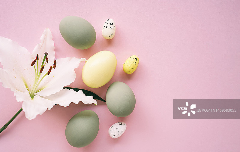 粉色背景上的复活节百合与彩色复活节彩蛋图片素材