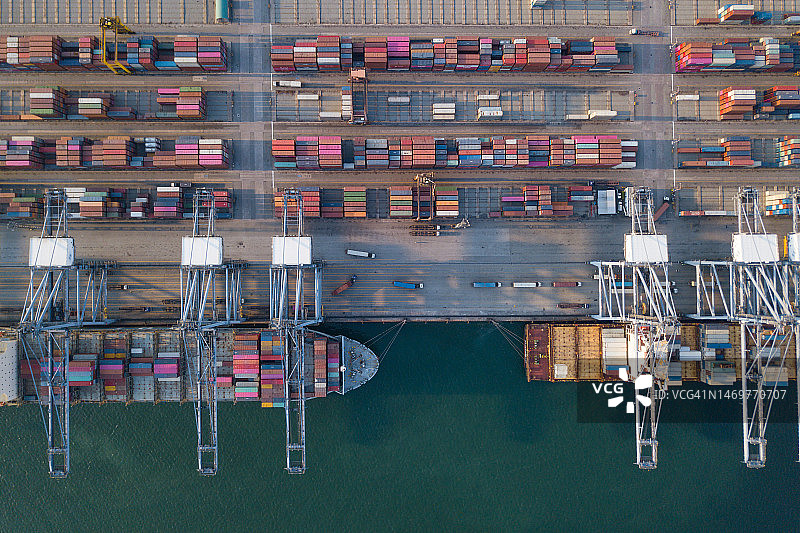 国际运输和商业物流概念：无人机拍摄的港口集装箱船图片素材