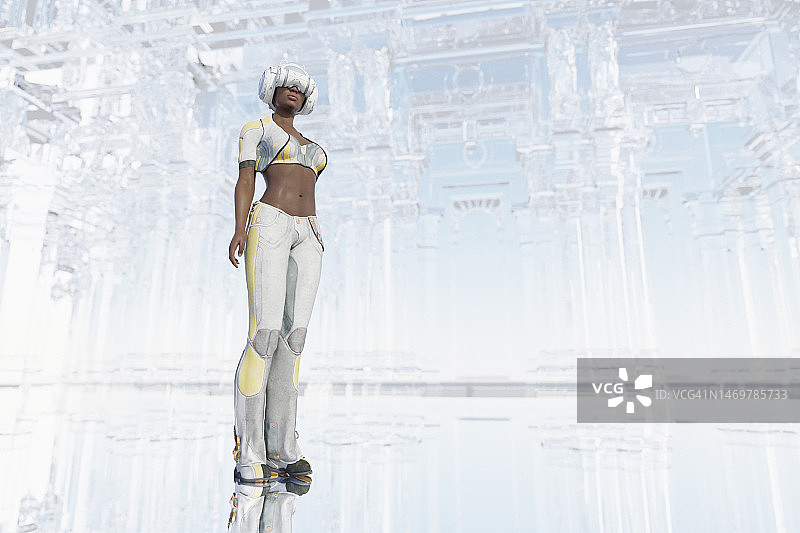 在未来都市景观中戴着VR头显的女人图片素材