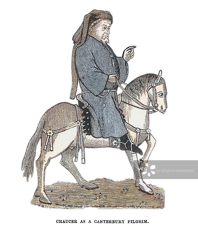 乔叟作为坎特伯雷朝圣者的老式雕刻插图图片素材