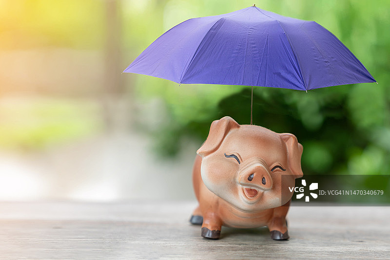 金融保险储蓄保护，带雨伞的储蓄罐，泰国图片素材