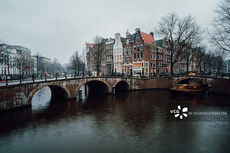 荷兰阿姆斯特丹历史名城夜景：灯光、桥梁、运河和传统荷兰房屋图片素材