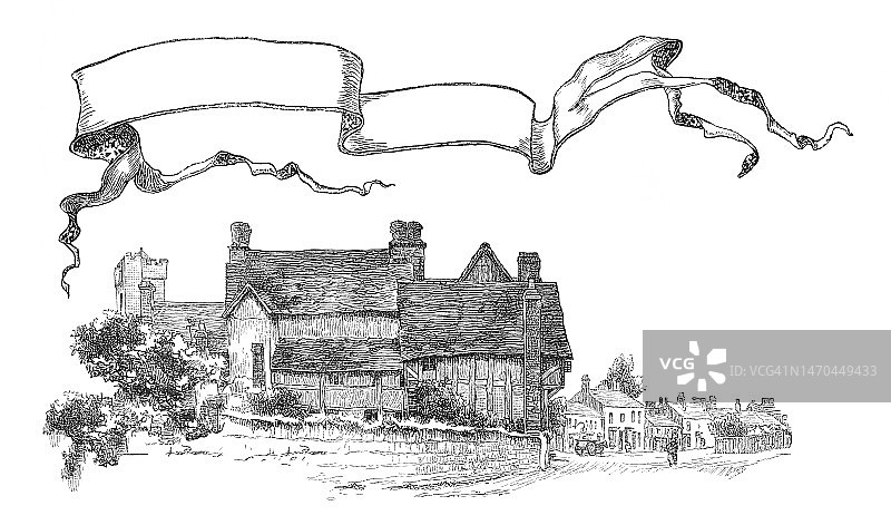 英格兰沃里克郡比德福德-艾avon古猎鹰酒店古老插图图片素材