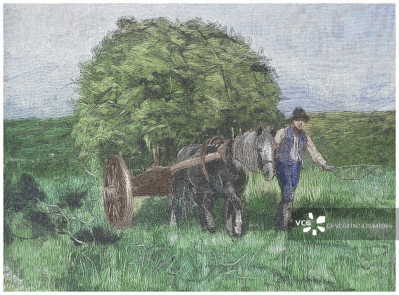 古老的雕刻画：制作干草堆的收获场景图片素材