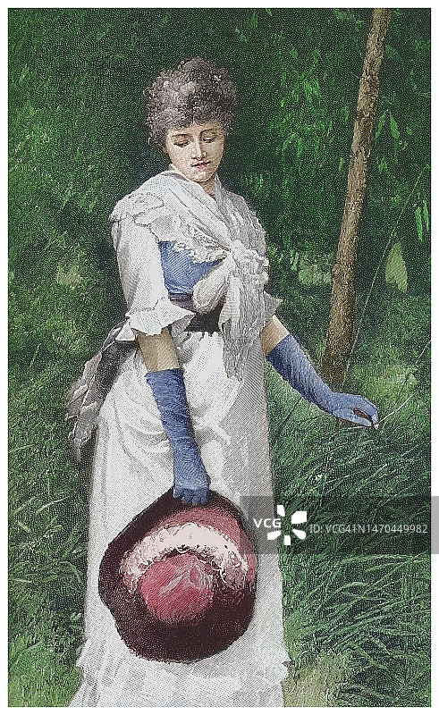 手持帽子的美丽年轻沉思女子古版画插图图片素材