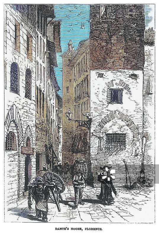 意大利佛罗伦萨但丁·阿利吉耶里故居的古老雕刻插图图片素材