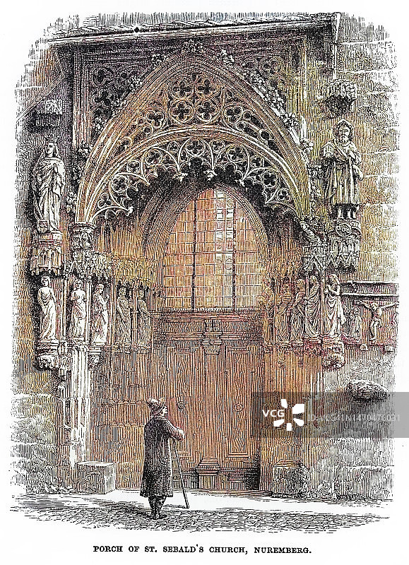 德国巴伐利亚州纽伦堡圣塞巴都堂的门廊古老雕刻插图图片素材