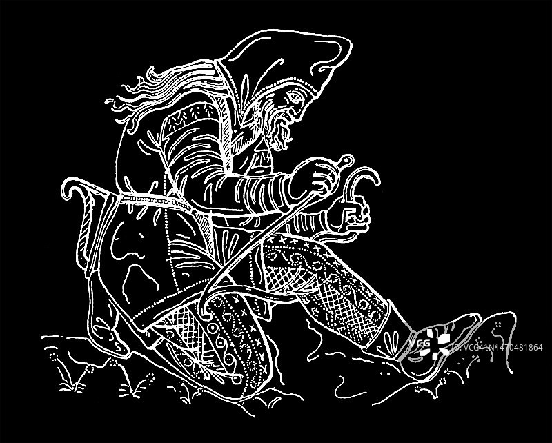 克里米亚库尔-奥巴墓 Electrum杯上的西徐亚战士复古雕刻插图图片素材