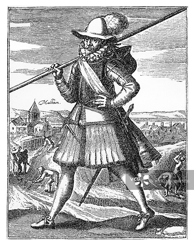 17世纪初的长矛兵和火枪手古版画插图图片素材