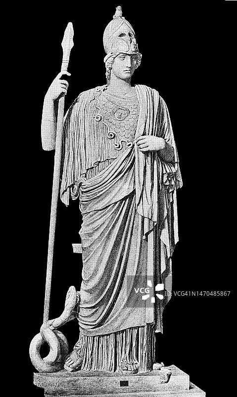 雅典娜·朱斯蒂尼亚尼或密涅瓦·朱斯蒂尼亚尼 - 帕拉斯·雅典娜罗马大理石雕像古版画图片素材