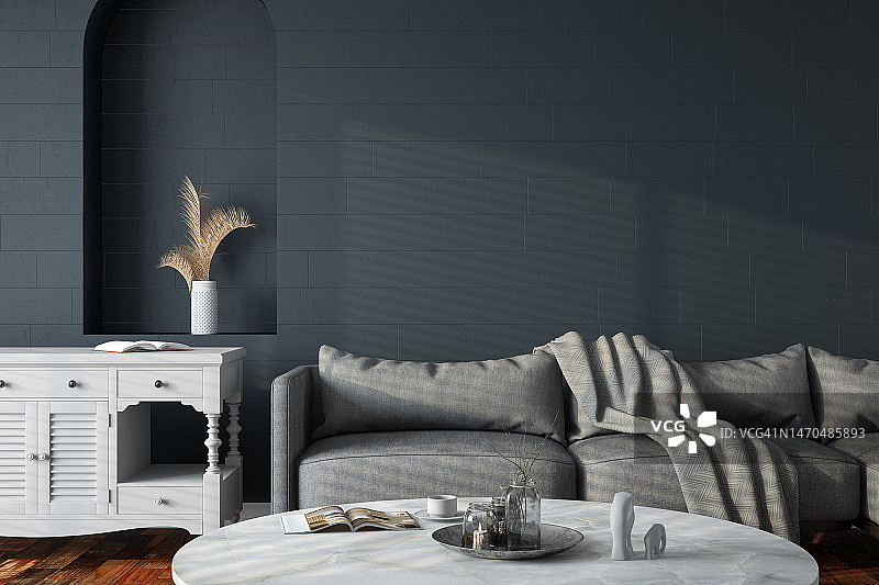 现代客厅内饰与深色背景墙图片素材