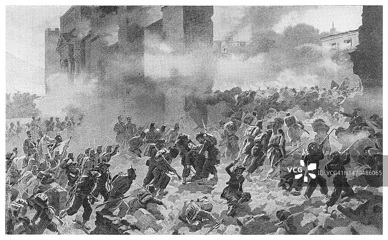 1870年意大利王国军队攻破罗马城墙古老雕刻插图图片素材