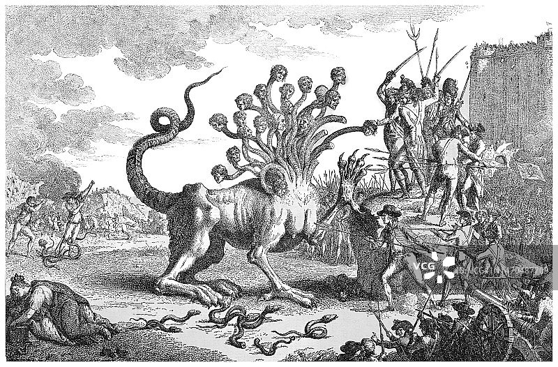 复古雕刻贵族九头蛇讽刺画图片素材