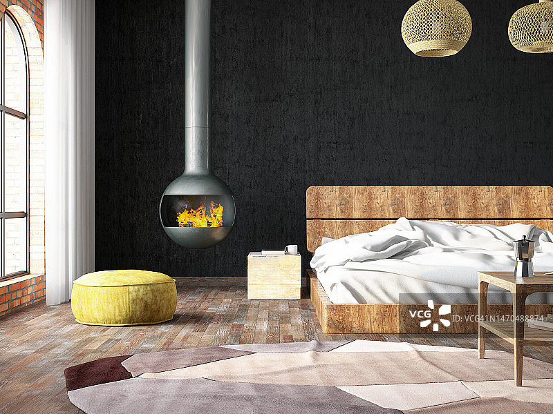 舒适卧室木床壁炉混凝土墙图片素材