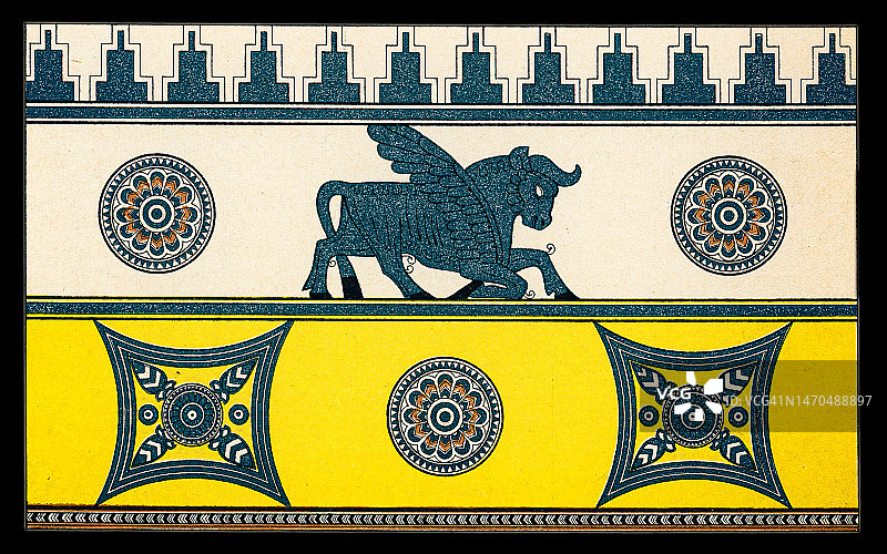 古老的雕刻插图：亚述墙壁装饰图片素材