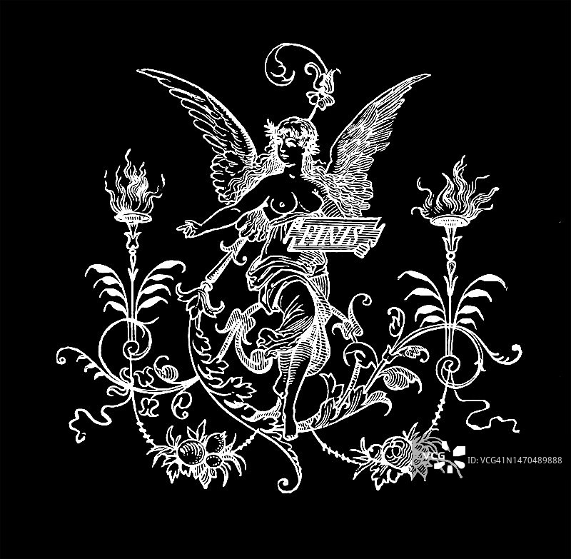 年轻美丽天使的复古雕刻插图图片素材