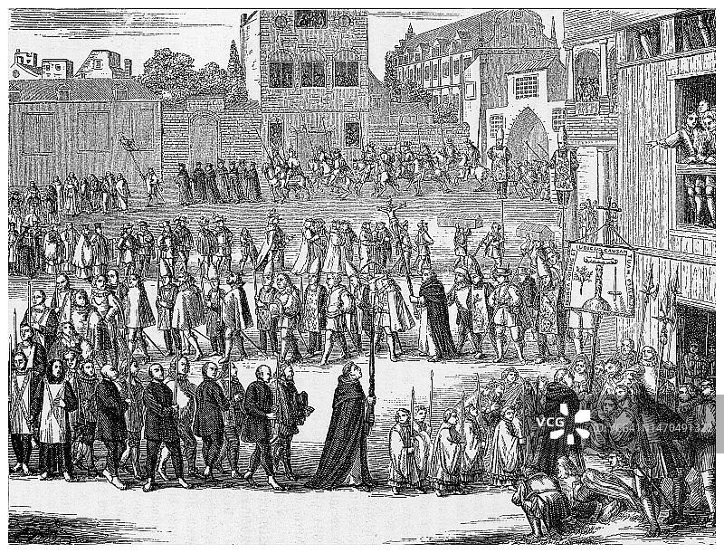 古老雕刻的Auto-da-fé（“信仰的行为”）插图，这是一种在15至19世纪期间由西班牙、葡萄牙或墨西哥宗教裁判所对被定罪的异教徒和叛变者进行的公开忏悔仪式图片素材