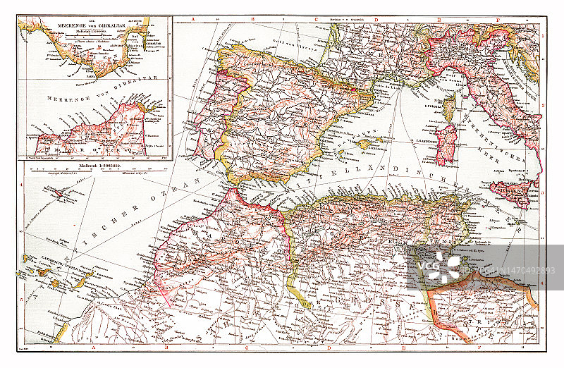 地中海国家古老彩色石印地图图片素材