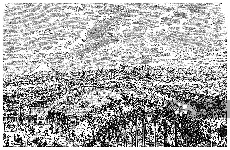 日本东京日本桥景观古版画图片素材