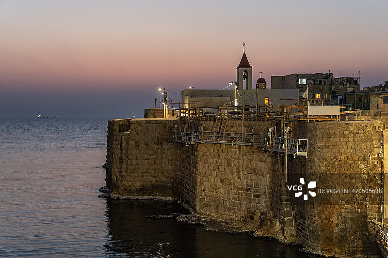 以色列阿科老城墙日落景色图片素材