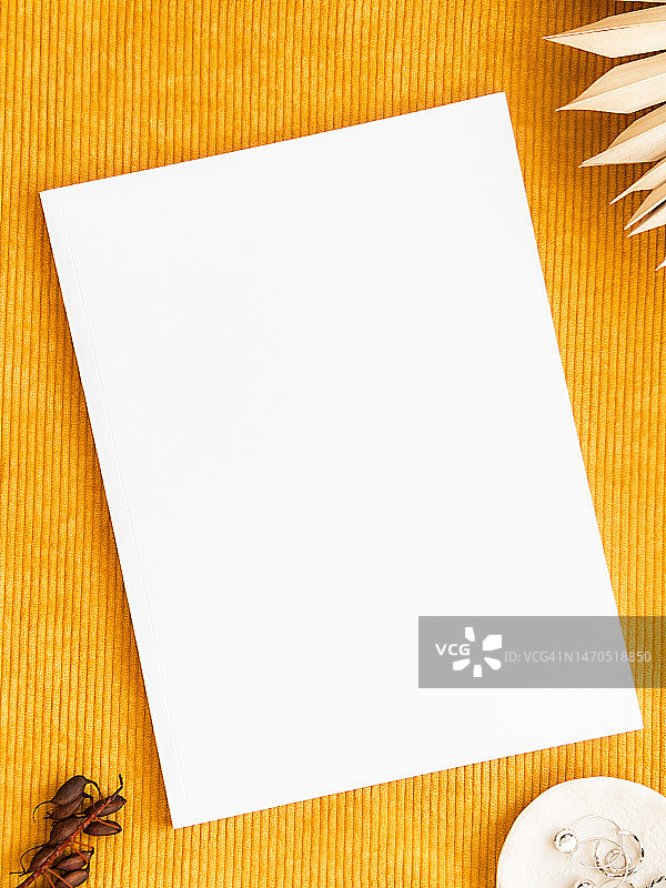 黄色背景上的空白白色杂志或目录封面图片素材