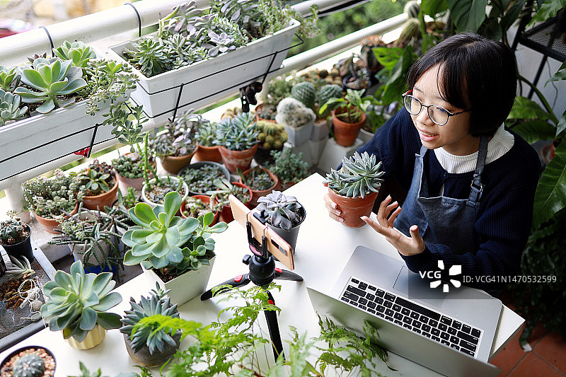 年轻亚洲女孩直播销售盆栽图片素材