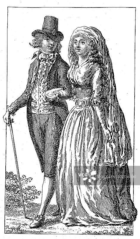 1780-1790年间的时尚服饰,德国恩斯特·路德维希·里彭豪森的版画,1890年出版的历史图像或插图图片素材