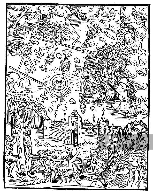 格林贝克标题的摹本,附有十字奇迹的木刻,1507年,德国,历史图像或插图,1890年出版,数字化改进,格林贝克标题的摹本,附有木刻图片素材