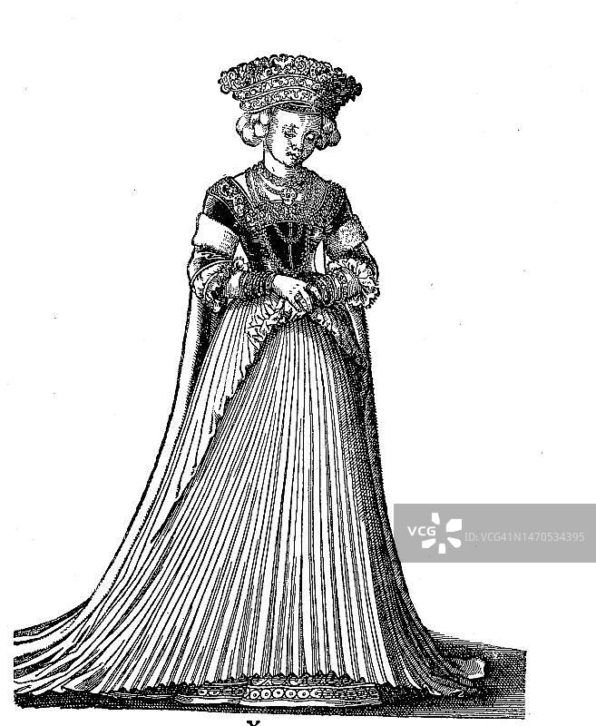 德国纽伦堡的富家新娘，1577年服装书木刻版画（1890年出版）图片素材