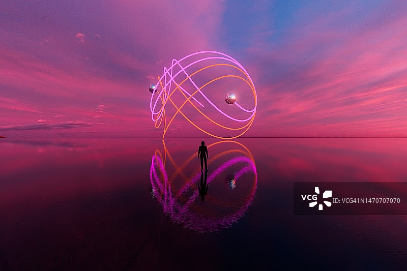 霓虹方形巨石光学照明线条5G AI CGI景观粉色日落光晕图片素材