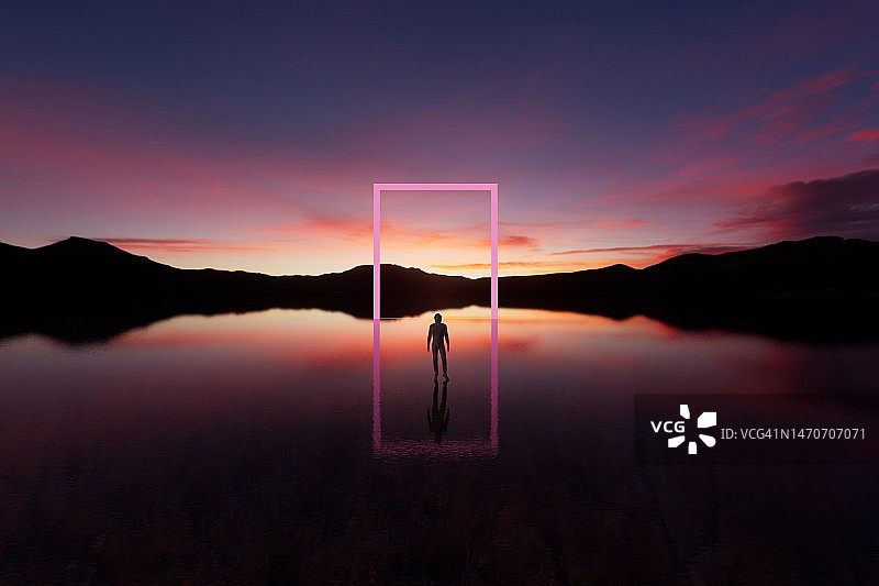 霓虹灯方形单石光学照明线条5G CGI日落景观图片素材